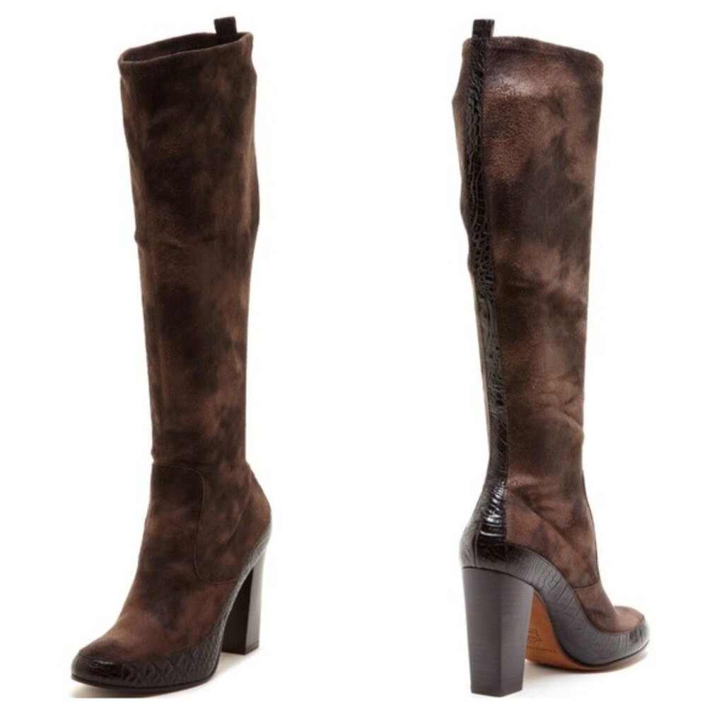 Donald J Pliner Chenia Knee Heel Boot Brown 6.5 Suede Croc Leather Dark Academia